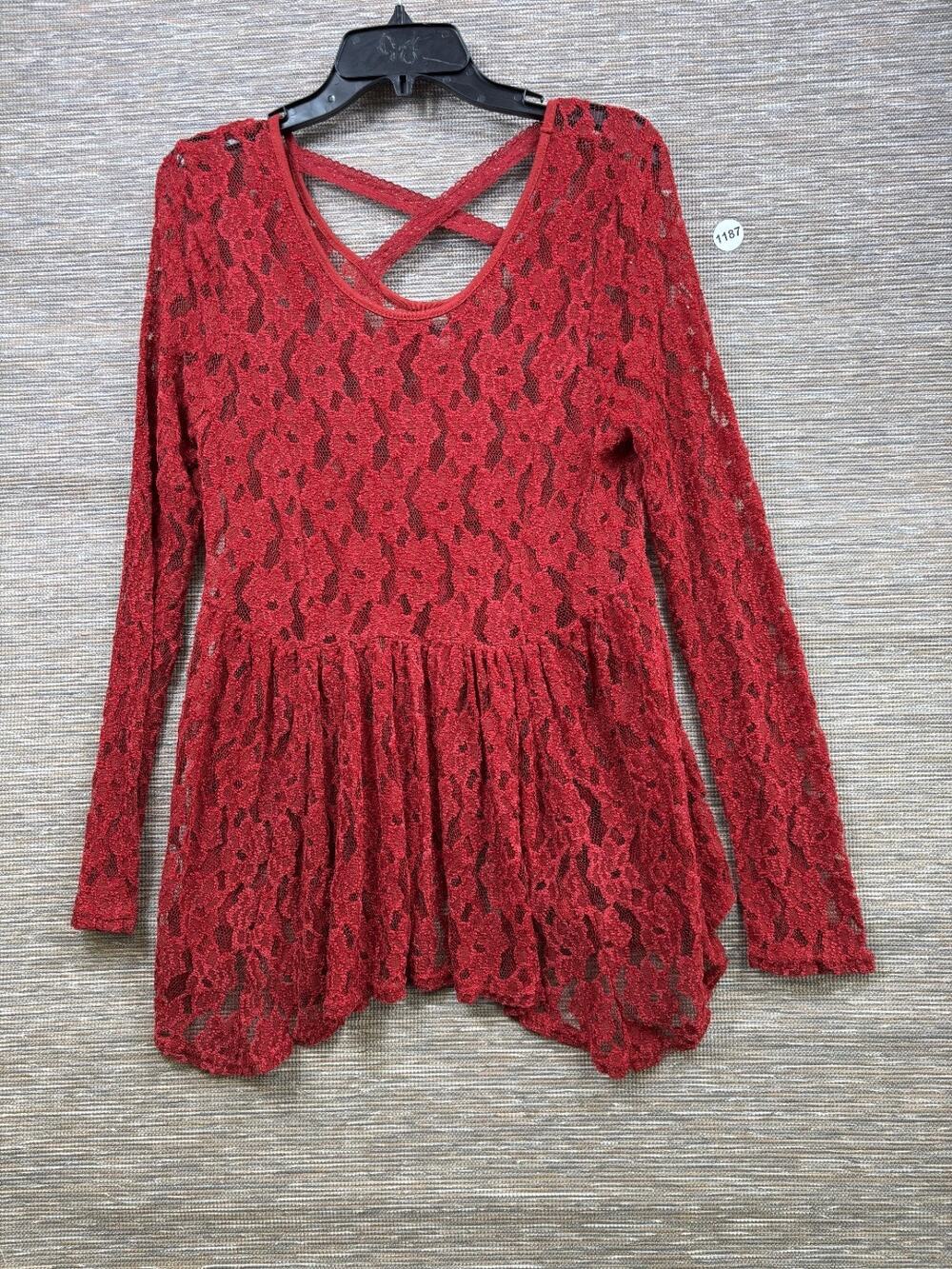 BKE Sheer Lace Tunic Top Womens Size L Red Long Sleeve Ruffle Hem Boho